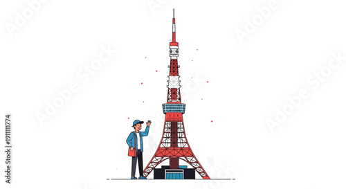 Iconic Tower Landmark And Cheerful Tourist Greeting On White Background