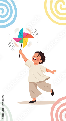 Joyful Child Playing With Colorful Pinwheel Outdoors on a Sunny Day