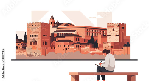 Illustrative Artistic Depiction Of Historic Andalusian Architecture With Person Sketching View