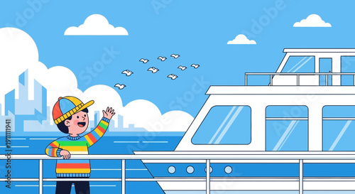Joyful Child Waves Goodbye to Flock of Birds by the Boat