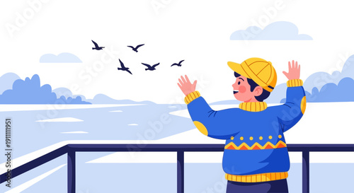 Joyful Child Welcoming Birds To Serene Winter Landscape