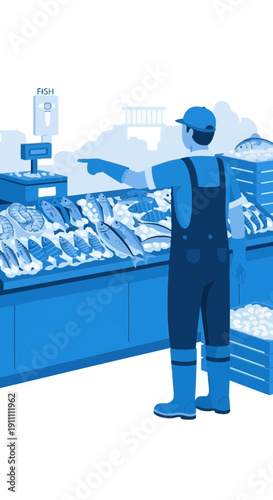 Illustrative Scene Of A Fisherman Showing Fresh Seafood At A Market Stall