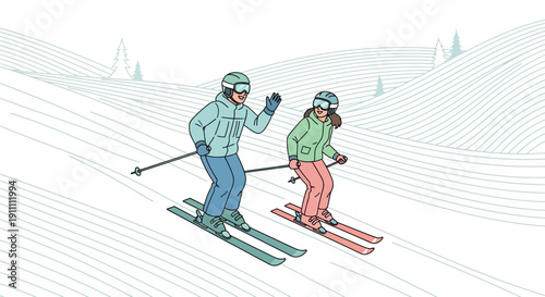 Joyful Skiing Duo Descending Snowy Mountain Slopes Together