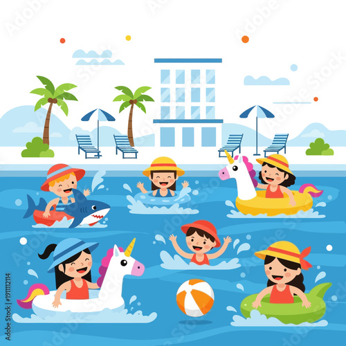 Joyful Children Splashing and Playing In A Vibrant Summer Pool Party