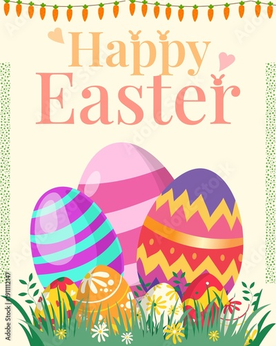 Vibrant Easter eggs in grass with Happy Easter text