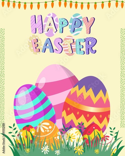Vibrant Easter eggs in colorful grass with Happy Easter text