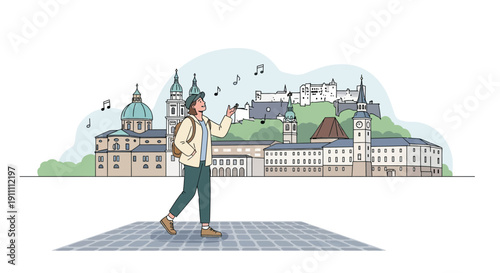 Joyful Traveler Exploring Historic European Cityscape With Musical Notes Floating Above