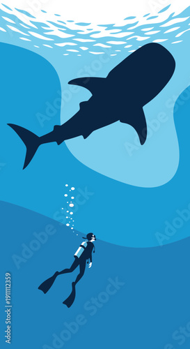 Majestic Whale Shark Encounters Diver In Deep Blue Ocean Waters Below Sunlight Surface