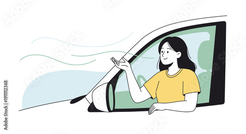 Joyful Woman Enjoys Car Ride With Wind Blowing Through Window