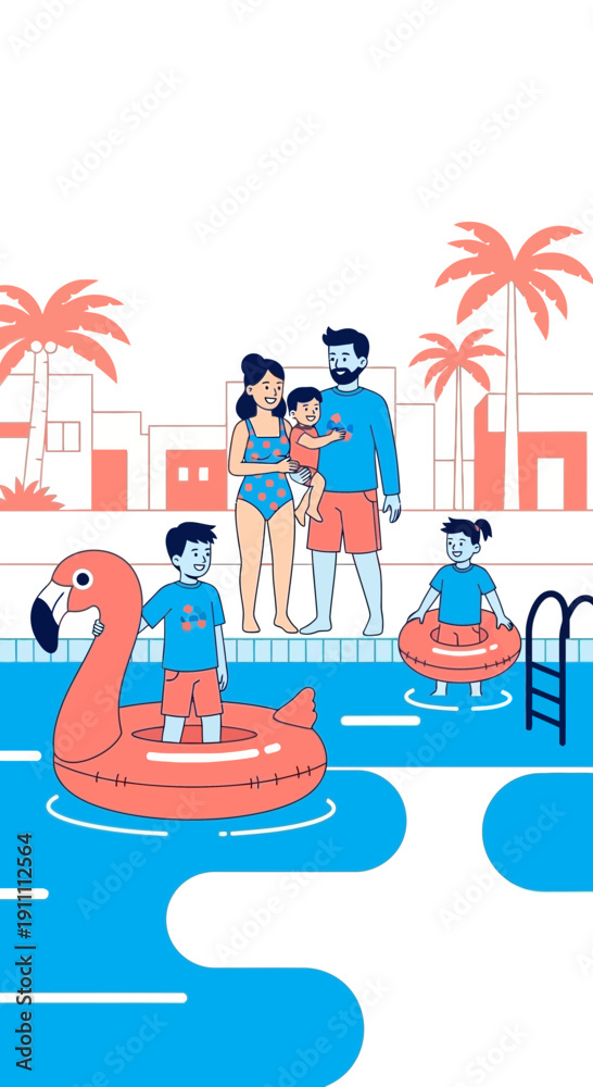 Obraz premium Joyful Family Fun Poolside Vacation Scene With Children and Inflatables