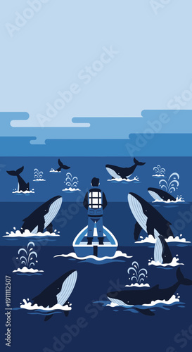 Man Amidst Majestic Whales in Deep Blue Ocean Serenity