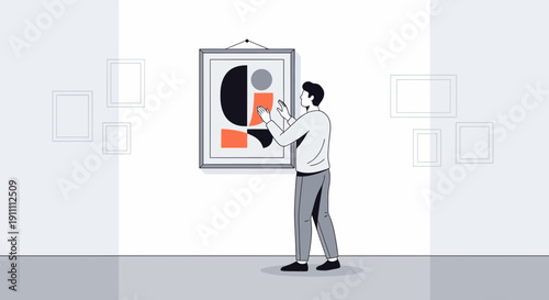 Man Admiring Modern Art In Gallery Exhibition Setting