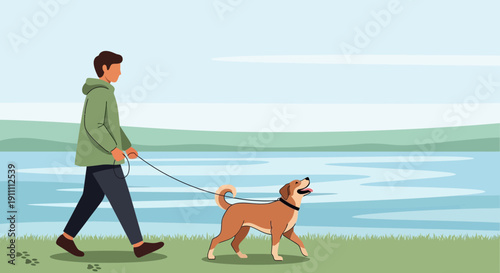 Man And Dog Strolling By Calm Lake Scenic Landscape