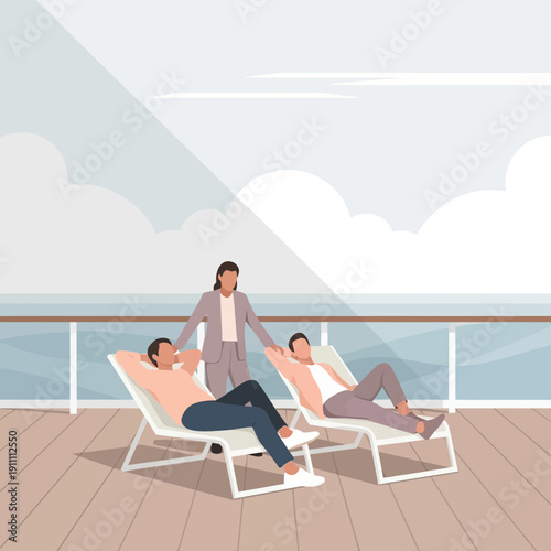 Leisurely Couple Relaxing On Cruise Ship Deck With Attendant Observing