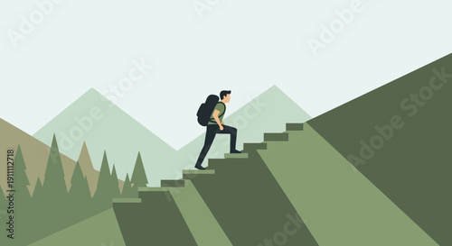 Man Ascending Steps On Mountain Trail Towards Summit