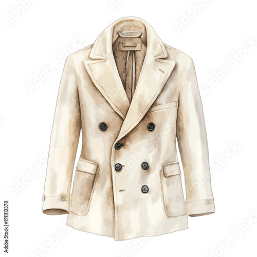 Cream double-breasted wool peacoat watercolor vector illustration, elegant winter overcoat for men

