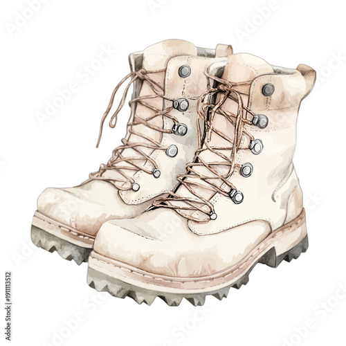 Pair of beige leather hiking boots with laces watercolor vector illustration