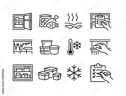 Checking the freezer. Line outline icon set of Checking the freezer: open freezer door, frozen food items,
