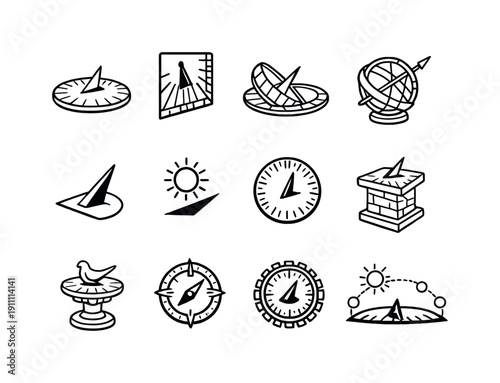 Sundials. Line outline icon set of Sundials: horizontal sundial, vertical sundial, equatorial sundial,