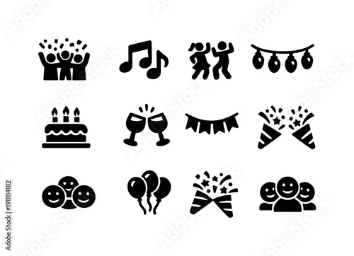 Social celebrations. Filled icon set of Social celebrations: party crowd, music notes, dancing people, festive