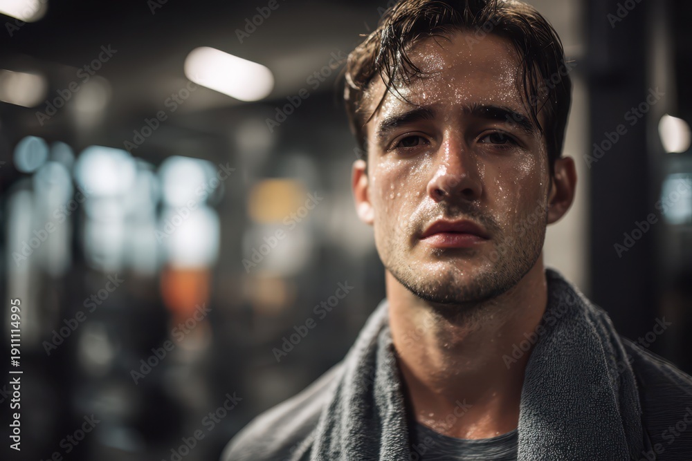 Obraz premium Sweating post-training scene with a fit male athlete in a weight room