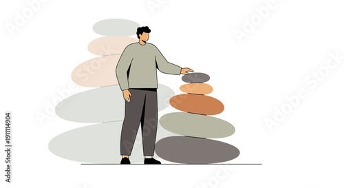 Man Balancing Stacked Stones Representing Inner Peace And Calmness