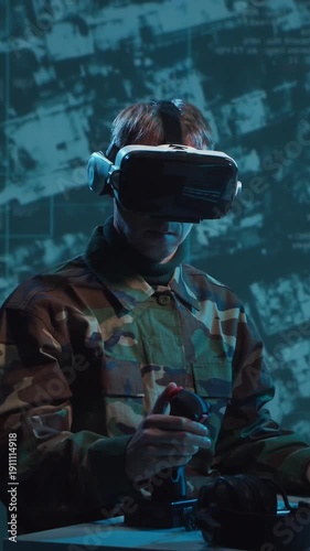 Soldier in a dimly lit military control room, intensely focused on multiple computer screens displaying crucial operational drone data.