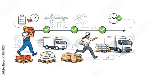 Construction materials timeline. Pallets, truck icons, and checkmarks connected by a horizontal schedule line.