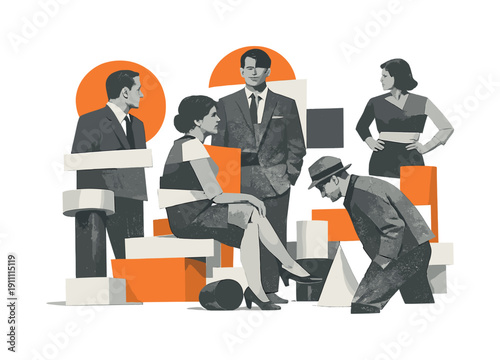 A conceptual modern-retro collage showing multiple monochrome human figures assembled from overlapping paper