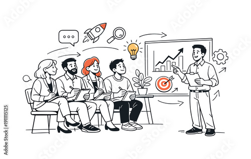 Business workshop collaboration. Team of professionals seated together, watching a presentation while taking