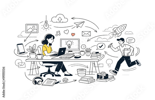 Stylish workspace design. Accessories neatly arranged around a desk, subtle arrows showing layout and flow.