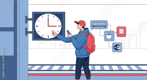 Man Checking Time And Waiting For Train With Travel Icons