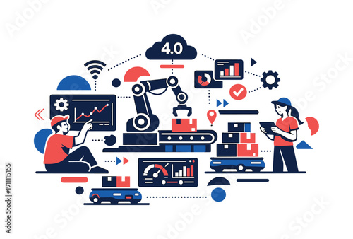 Industry 4.0 workflow. A connected factory floor with sensors, dashboards, and autonomous vehicles moving