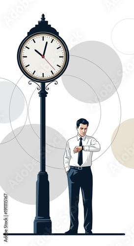 Man Checking Wristwatch Beside Vintage Street Clock Displaying Time
