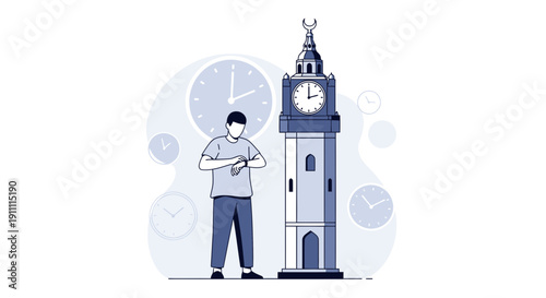 Man Checks Smartwatch Near Tall Clock Tower Surrounded By Multiple Clocks