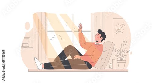 Man Enjoying Sunlight Indoors by the Window with a Relaxed Pose