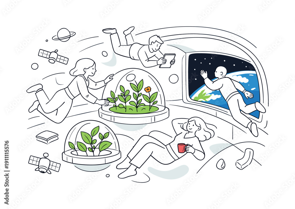 Obraz premium Space habitats. Futuristic space station interior with people floating calmly, plants growing in transparent