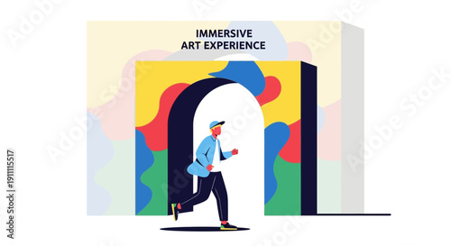 Man Enters Vibrant Archway Towards Immersive Art Experience