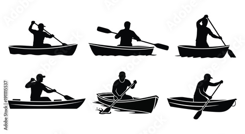 Silhouettes show people rowing boats using paddles.