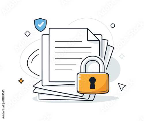 Document Lock. File icon secured with a padlock, calm sense of protection and control. Clean pages stacked