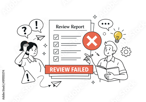 Review Failed. Checklist beside a document showing unchecked items, rejection icon appearing. Atmosphere of