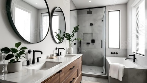 Modern bathroom interior with double sink vanity large mirrors glass shower and freestanding bathtub with plants
