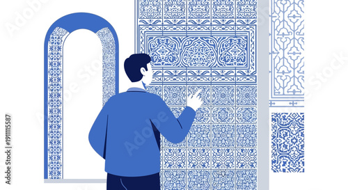 Man Examining Ornate Blue Tile Patterns