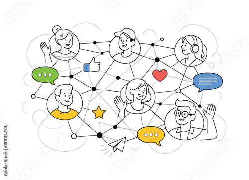 Social Network. Connected user avatars forming a web of lines and nodes, chat bubbles floating between