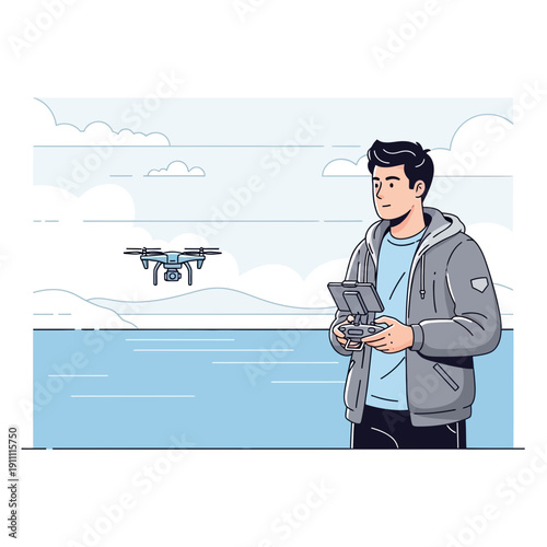 Man Controlling Drone Over Water Landscape With Sky Background Illustration