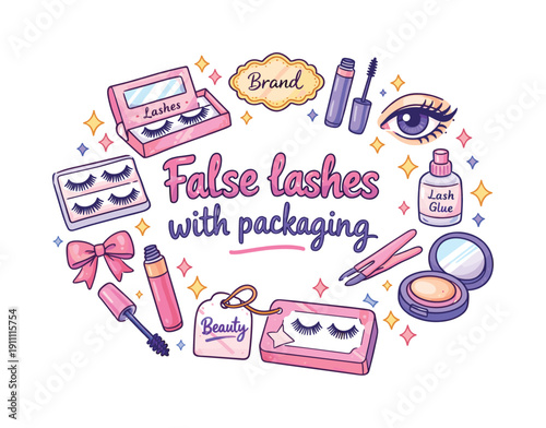 False lashes with packaging. Hand drawn illustration of False lashes with packaging. false eyelashes, lash
