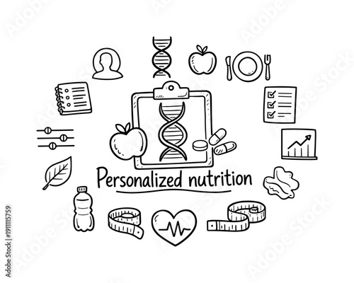 Personalized nutrition. Hand-drawn doodle illustration of Personalized nutrition. In the middle, one slightly