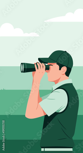 Man Gazing Through Binoculars Spotting Future Opportunities With Focused Vision