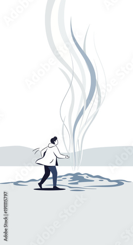 Man Creating Ethereal Energy From The Ground In Minimalist Style