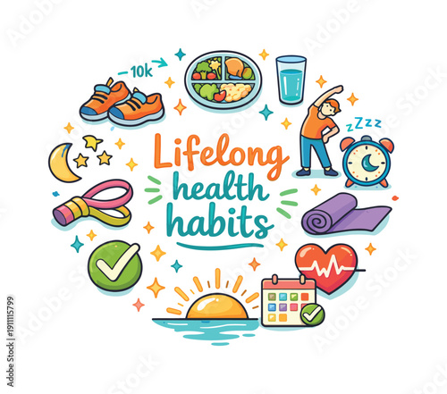 Lifelong health habits. Hand drawn illustration of Lifelong health habits. daily steps icon, balanced meal